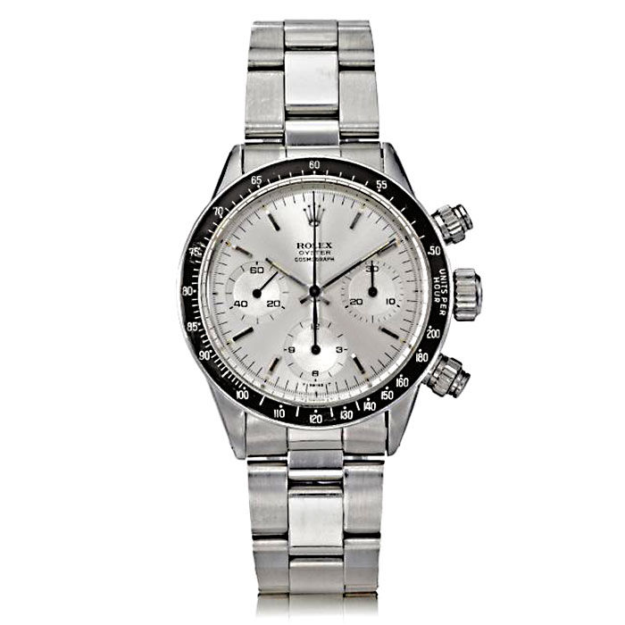 Rolex Daytona “Oyster Albino” ref. 6263, fabricado hacia 1971 y anteriormente perteneciente a Eric Clapton. Su inusual esfera plateada con contadores del mismo color lo convirtió en uno de los Daytona más famosos del mundo.