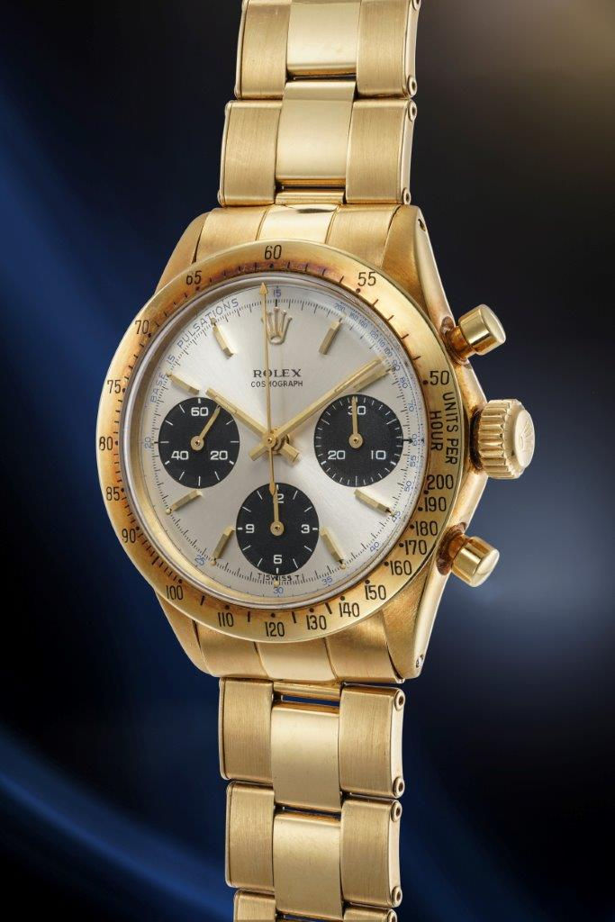 Rolex Daytona “Crazy Doc” ref. 6239 de oro amarillo, fabricado hacia 1968 y anteriormente perteneciente a Eric Clapton. Su excepcional esfera pulsométrica permite calcular los latidos del corazón.