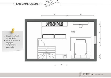 Plan 2D d’aménagement d’une chambre parentale montrant la circulation autour du lit, les rangements et un espace dédié aux valises