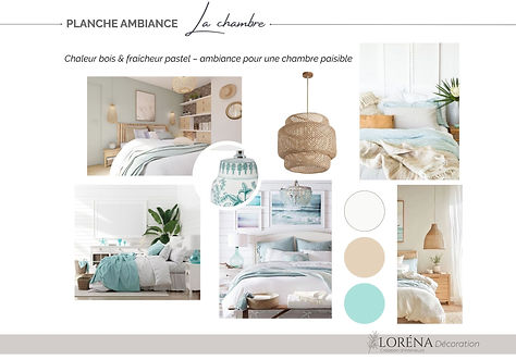 Planche d’ambiance de la chambre parentale de Casa Lodélia associant tons blancs et naturels, bois clair et touches de vert d'eau dans une atmosphère méditerranéenne
