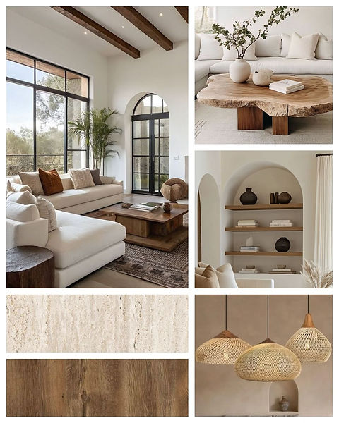Moodboard pour une maison de vacances organique et lumineuse, associant tons naturels, matières brutes et éléments de décoration chaleureux