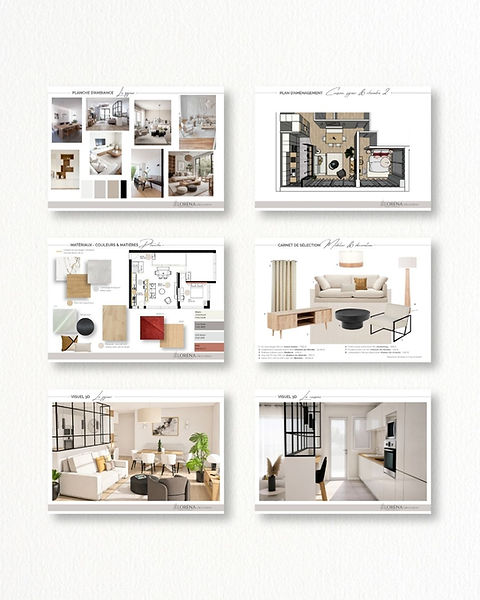 Présentation de l’offre Signature avec moodboard, plan 3D vu du dessus, planche matières et couleurs, sélection mobilier et décoration et visuels 3D