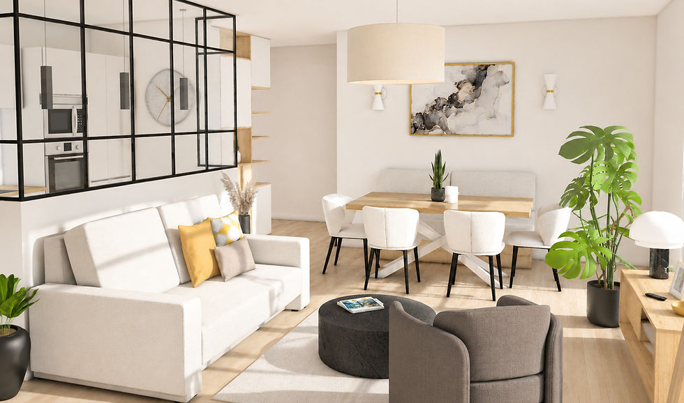 Visuel 3D d’un séjour d’appartement parisien aménagé dans un style contemporain.