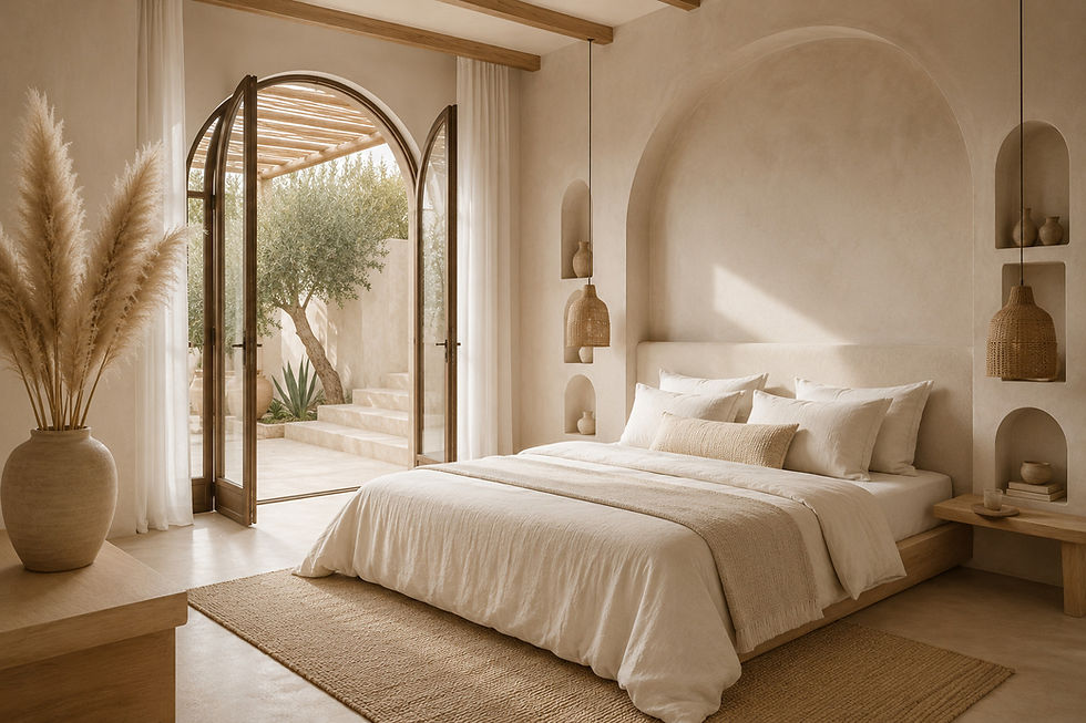 Chambre aux tons crème avec lit intégré dans une arche, niches murales arquées et porte-fenêtre en bois ouvrant sur une terrasse avec olivier