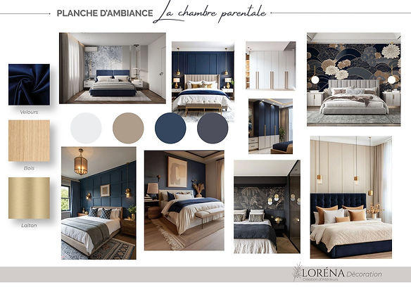 Planche d’ambiance d’une chambre parentale bleu foncé, associant bois et textiles dans un style contemporain