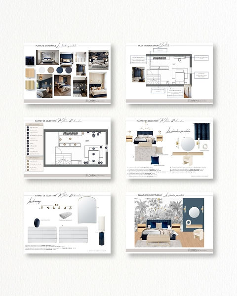 Présentation de l’offre Évasion avec moodboard, plan 2D d’aménagement, carnet de sélection mobilier et décoration et planche conceptuelle pour une chambre parentale