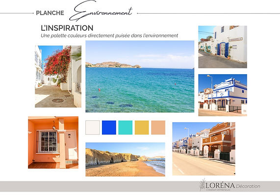 Moodboard d’inspiration de Casa Lodélia avec façades blanches, plages méditerranéennes et nuances de bleu de la côte andalouse