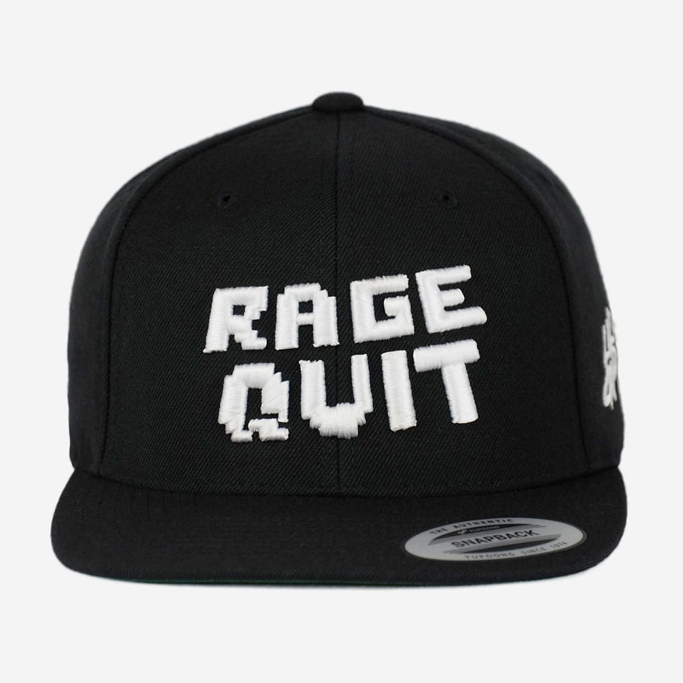 Thumbnail: Black snapback hat with white puff pixelated RAGE QUIT text.