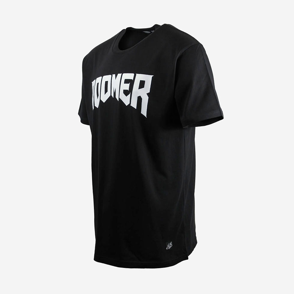 Black DOOMER t-shirt with white arched text.