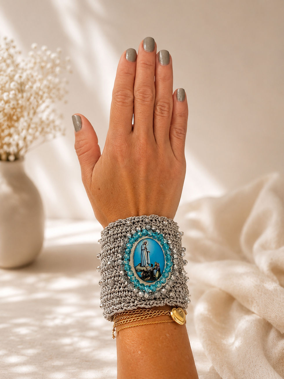 Miniatura: Brazalete plateado en crochet Virgen de Fátima 