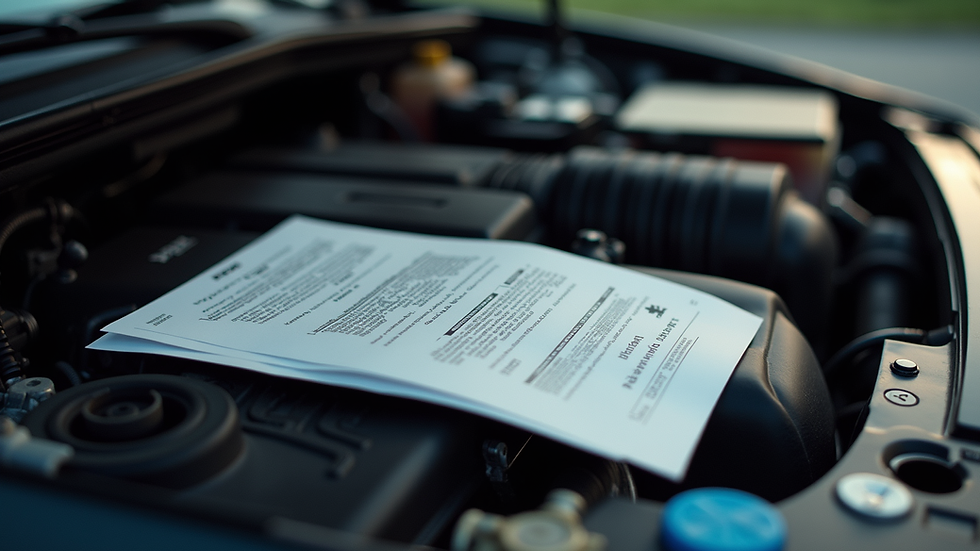 Close-up view of a car engine with warranty documents