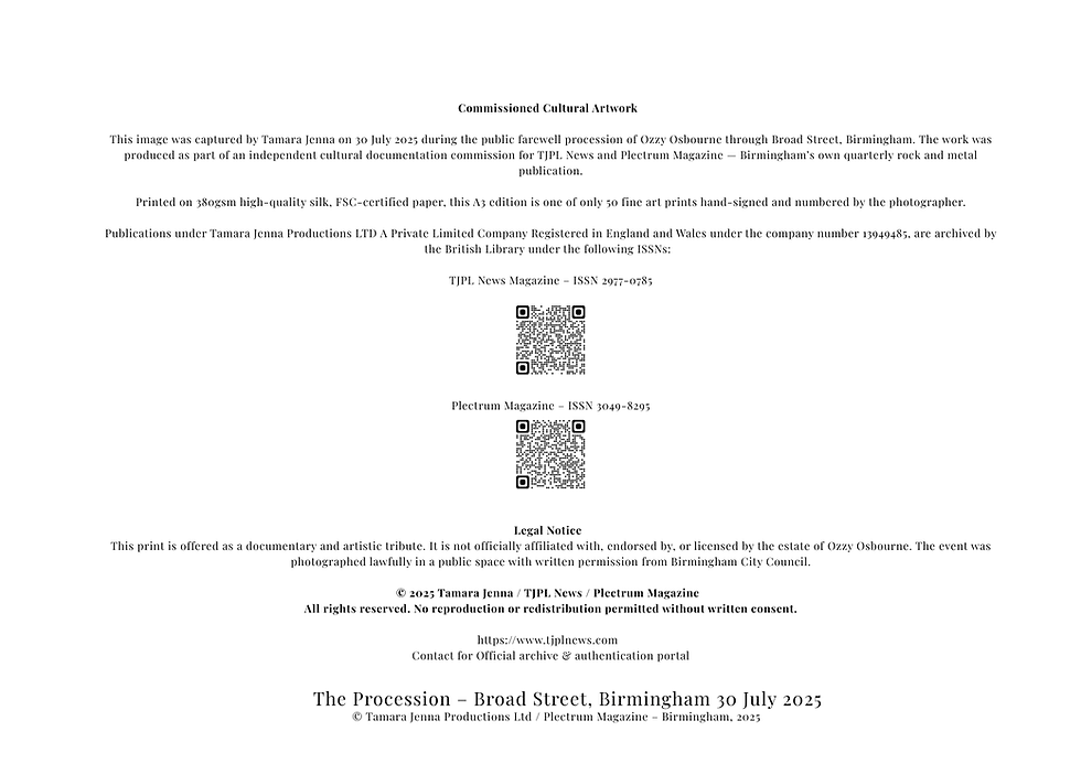 The Procession – A3 art print of Ozzy Osbourne’s funeral procession on Broad Street, Birmingham, 30 July 2025. Photographed by Tamara Jenna. Limited edition of 50. Certificate of Authenticity