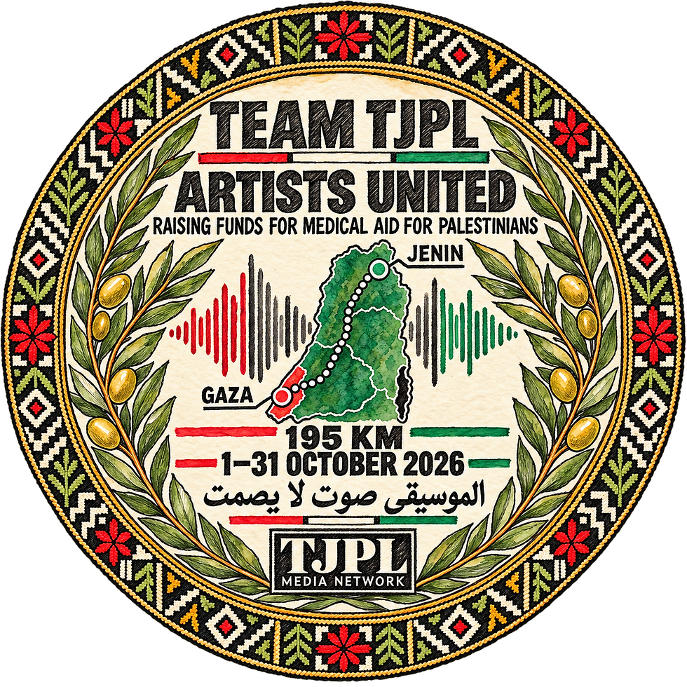 Team TJPL Stride for Palestinians 2026 artwork official logo showing the 195km virtual route from Jenin to Gaza in support of Medical Aid for Palestinians.