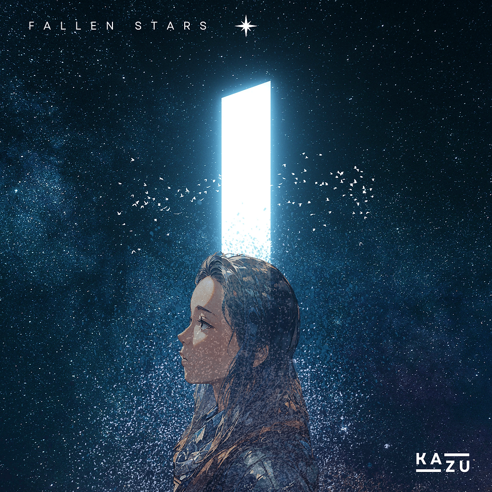 Cover art for Kazu Osumi's single 'Fallen Stars,' depicting a dreamlike scene of falling stars in a deep night sky.