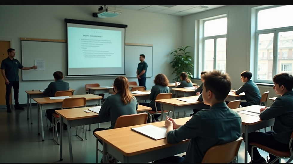 High angle view of a classroom setup with students learning