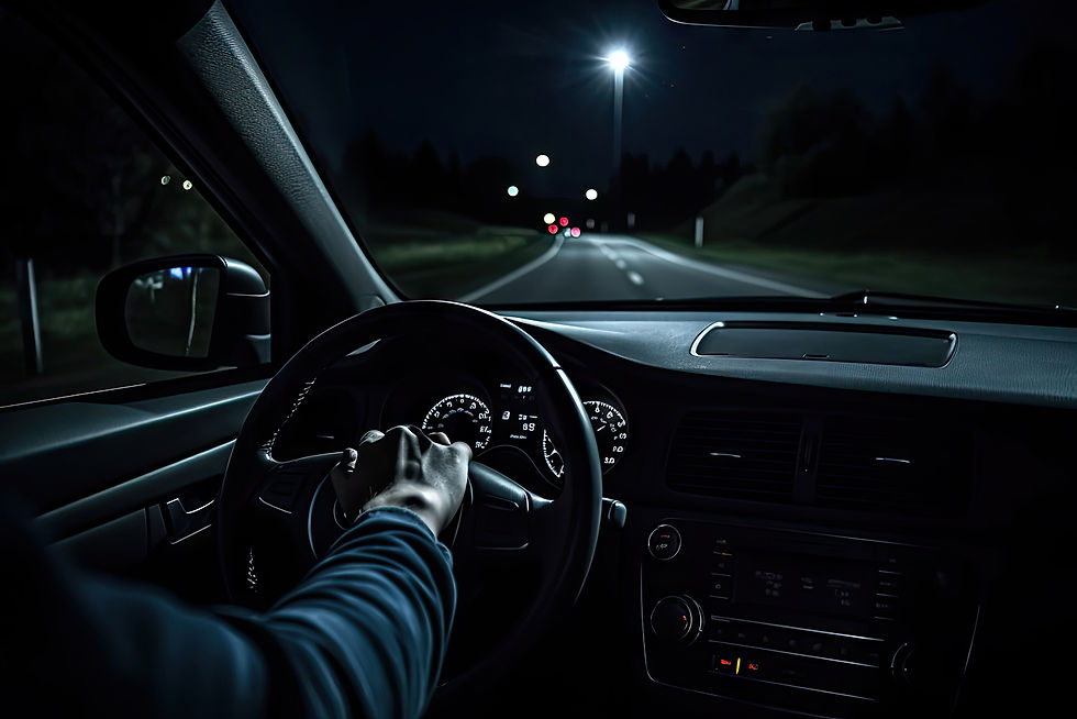 La imagen muestra la vista desde el interior de un automóvil mientras se conduce de noche por una carretera poco iluminada. Se observa el volante en primer plano con la mano del conductor sujetándolo, así como el tablero encendido con el velocímetro y los indicadores iluminados en blanco. Al frente, a través del parabrisas, se aprecia una carretera oscura con líneas centrales visibles y algunas luces de otros vehículos a lo lejos. También se distingue una luminaria pública que ilumina parcialmente el camino. El entorno es nocturno, con árboles y vegetación apenas perceptibles a los costados. La escena transmite la importancia de una buena iluminación automotriz para conducir de noche con seguridad, mejorar la visibilidad en carretera y reducir riesgos al manejar en condiciones de poca luz. Es una imagen relacionada con seguridad vial, conducción nocturna y visibilidad al volante.