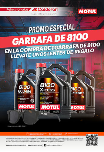 Banner publicitario de Refaccionarias Calderón y Motul con la promoción "Promo Especial Garrafa de 8100". En la compra de una garrafa de aceite sintético de 5 litros Motul 8100 (Eco-lite, X-Cess o X-clean+), te llevas de regalo unos lentes de sol negros de Motul.