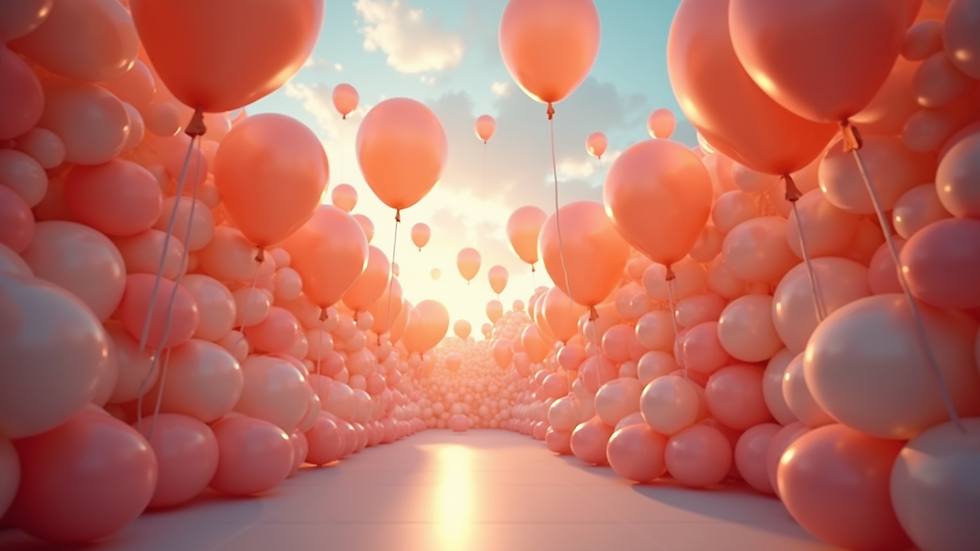 High angle view of a decorated event space filled with helium balloons