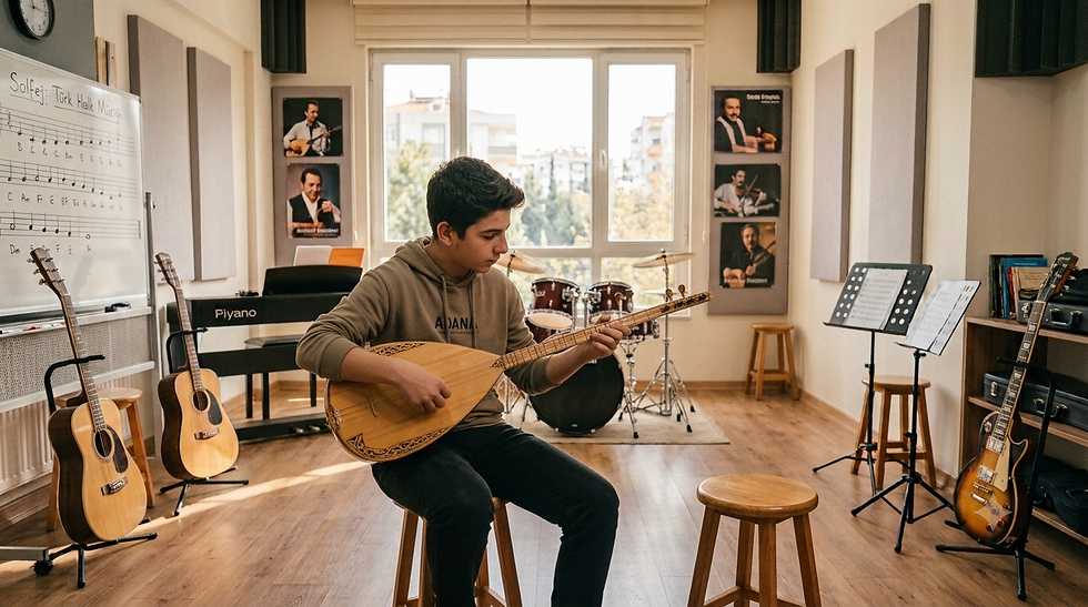 Müzik sınıfında bir տղা saz çalıyor; arkada piyano, bateri, gitarlar ve Solfej: Türk Halk Müziği yazılı tahta var.