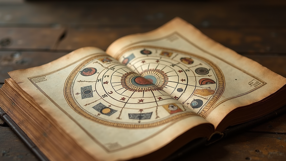 Eye-level view of ancient Vedic astrology manuscript with planetary symbols