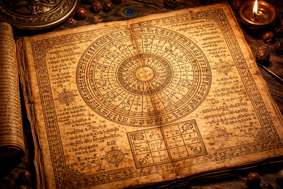 Eye-level view of an ancient Vedic astrology manuscript with planetary symbols