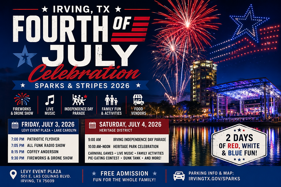 Irving, TX Fourth of July Celebration 2026: Complete Guide to Sparks & Stripes, Fireworks, Drone Show, Parade, Parking & Everything You Need to Know