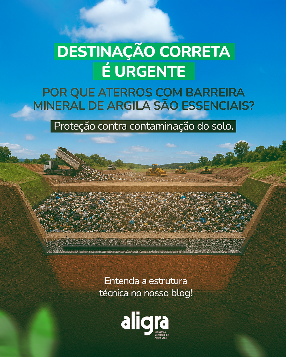 Infográfico de aterro sanitário com caminhão despejando resíduos e tratores; céu azul e texto sobre barreira de argila.