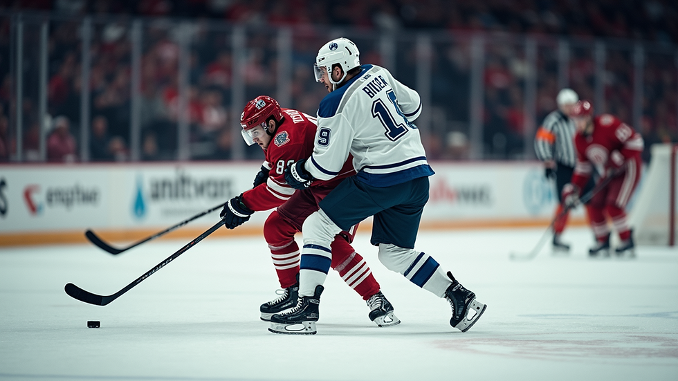 Close-up view of hockey player defending against opponent on ice