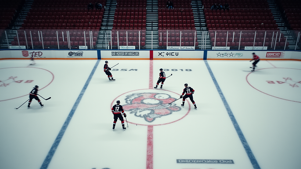 High angle view of hockey rink with players practicing drills