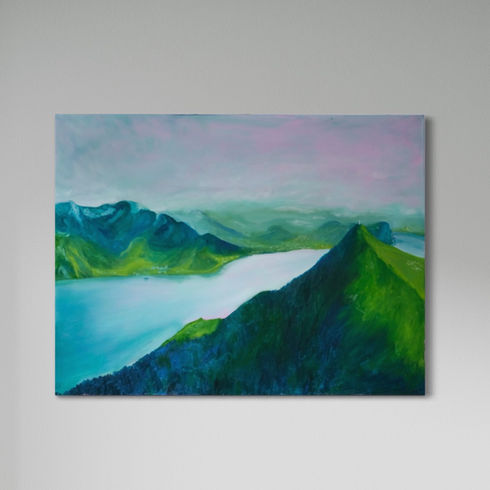 landschaftsgemälde in Grüntönen mit Blick über den Vierwaldstättersee vom Gipfel aus