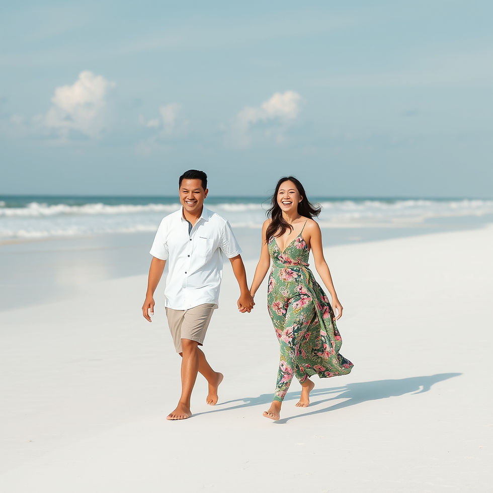 Show a smiling south east asian couple walking on a deserted white beach.jpg