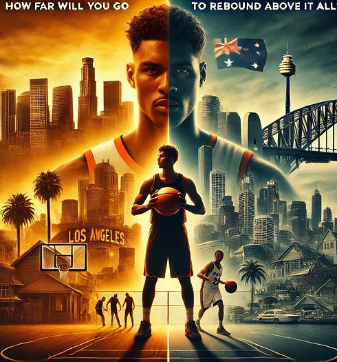 Rebound dramatic movie poster for the film 'Rebound,' featuring a split cityscape background. On the left side, a vibrant Los Angeles city skyline with palm.jpeg
