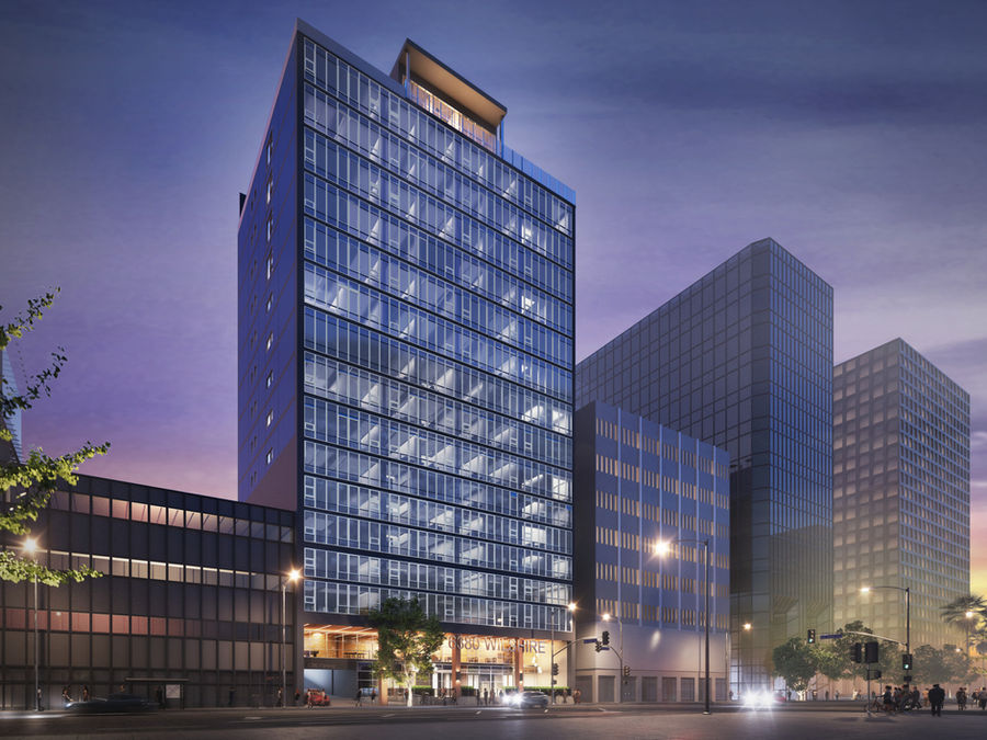 Rendering of Muse LA at 6380 Wilshire Boulevard at dusk