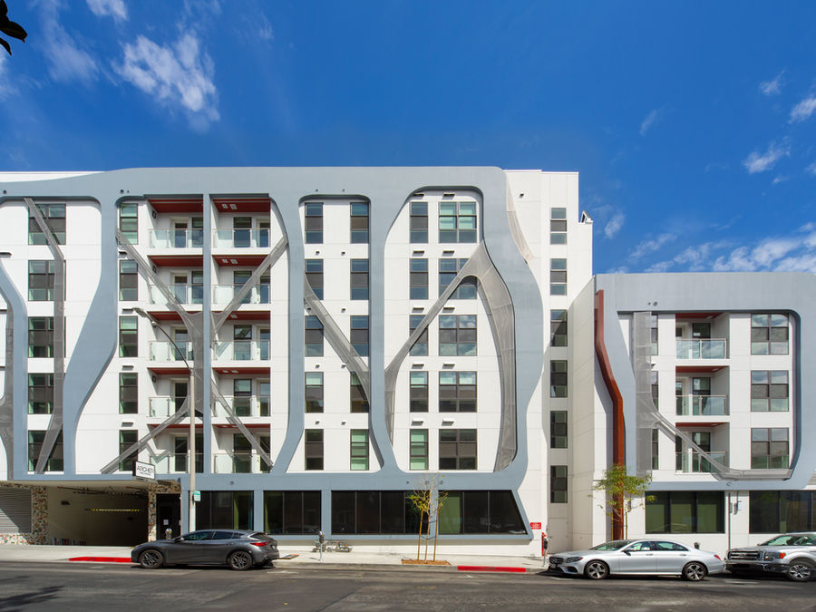 Archer Hollywood exterior with grey geometric facade