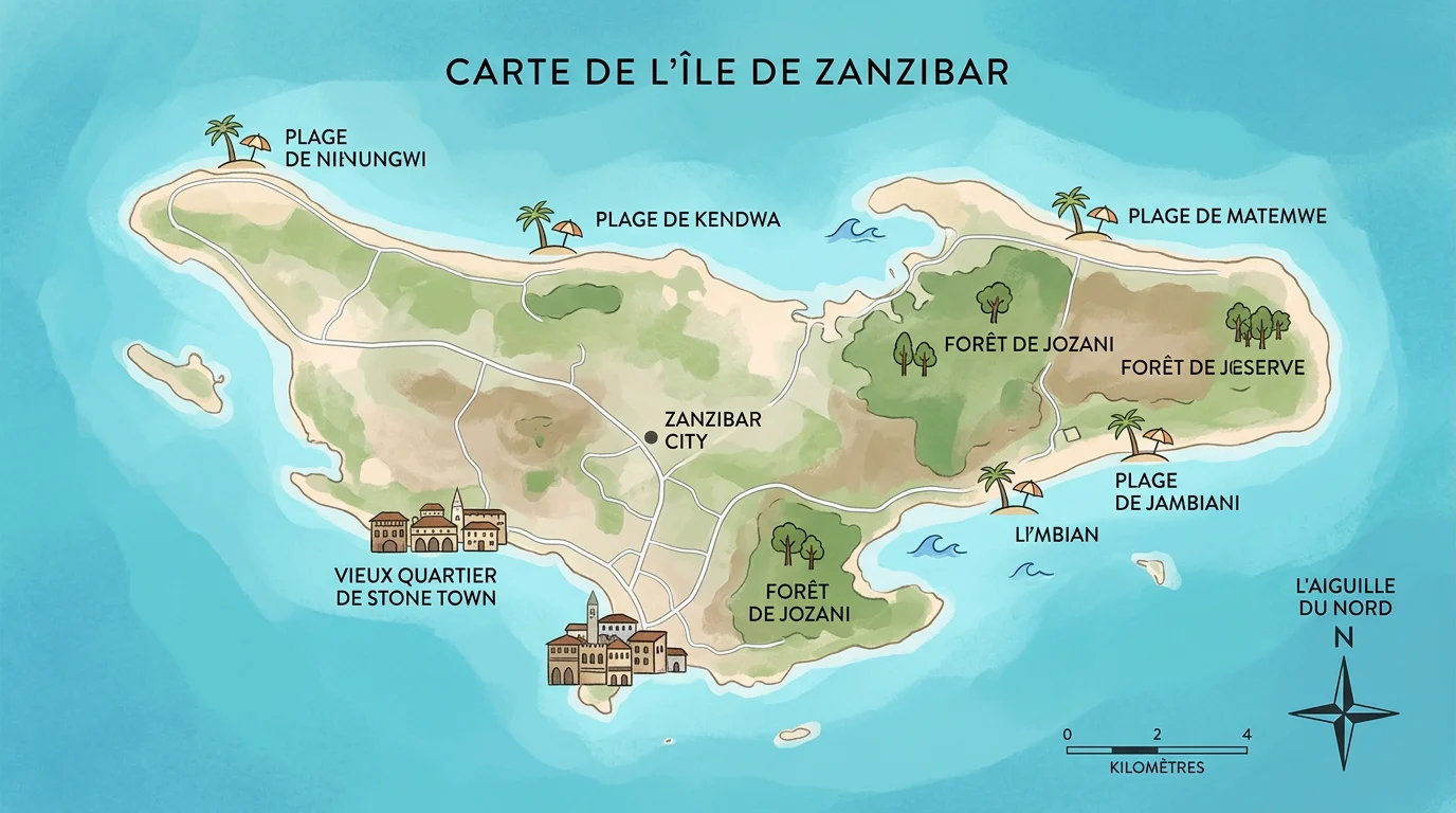 Carte de Zanzibar : plages, Stone Town et sites clés 2026