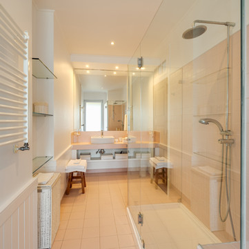 Luxurious bathroom interior with shower and sink, elegant and modern design.