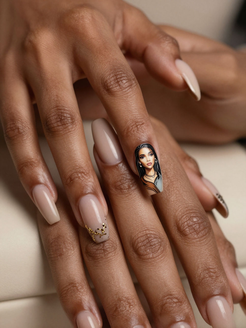 Detailed nail art with a woman's portrait