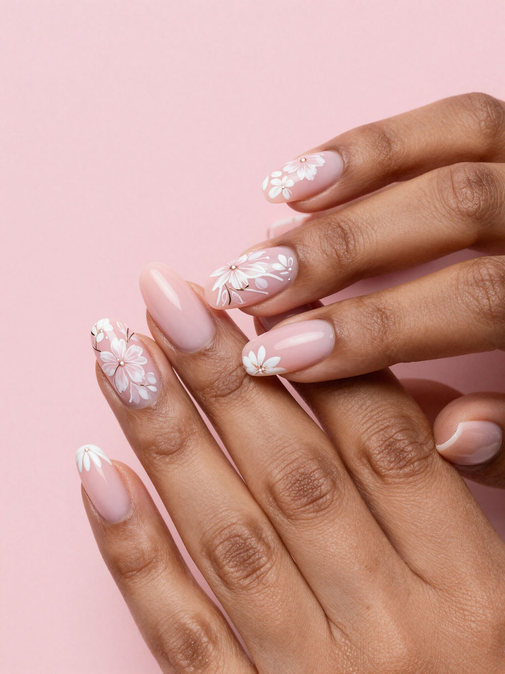 Elegant pink and white floral nail art design