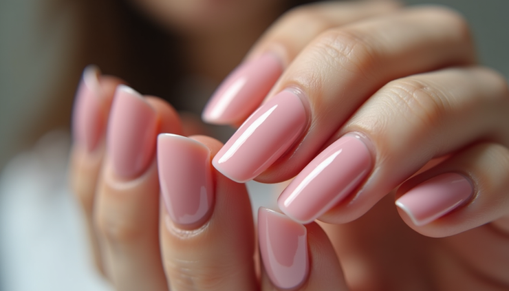 Close-up view of gel polish manicure on fingernails