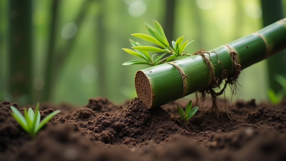 Close-up view of bamboo rhizomes being removed from soil