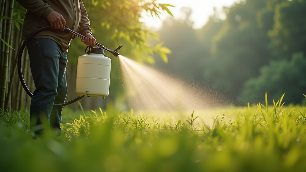 Eye-level view of a garden sprayer applying herbicide to bamboo shoots