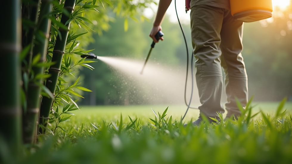 Eye-level view of a garden sprayer applying herbicide to bamboo stalks