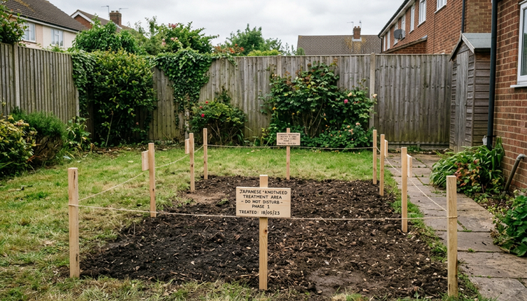Eye-level view of a treated garden area with labelled boundary stakes.