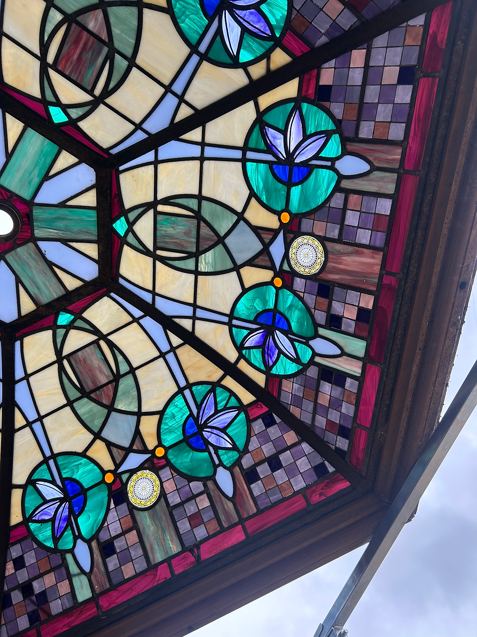 Thumbnail: VERY LARGE STAINED GLASS ROOF LIGHT DOME WINDOW LEADED SOLID OAK CUSTOM RARE.
