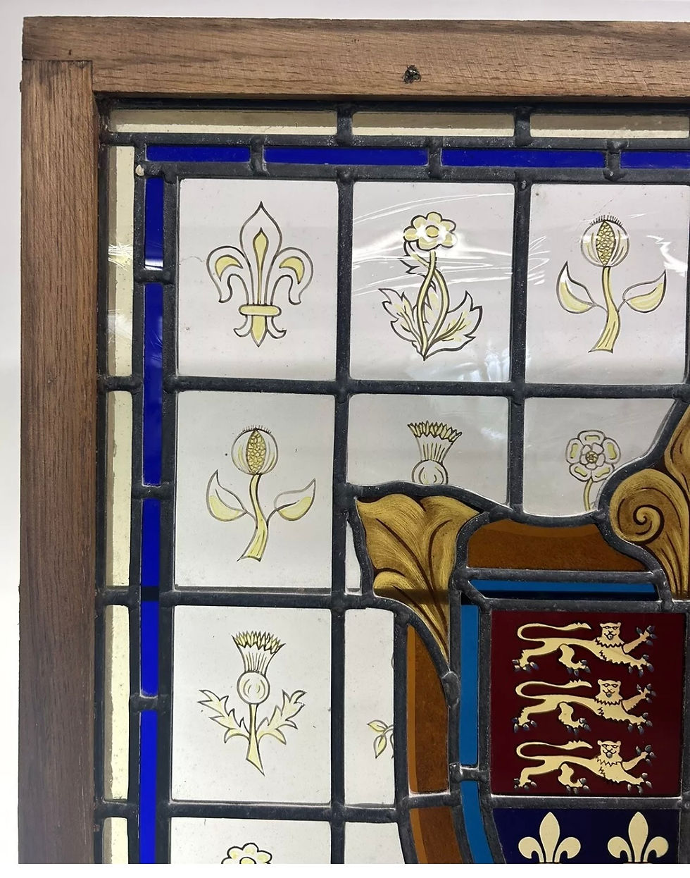 Thumbnail: STAINED GLASS WINDOW PANEL HAND PAINTED RESTORED LEAD OAK FRAME UNIQUE HAND MADE