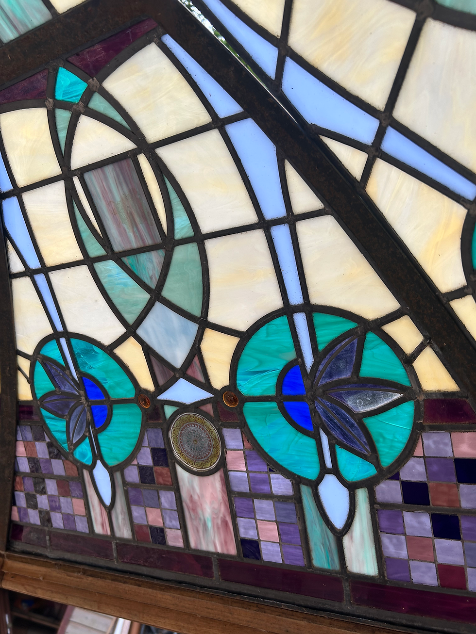 Thumbnail: VERY LARGE STAINED GLASS ROOF LIGHT DOME WINDOW LEADED SOLID OAK CUSTOM RARE.