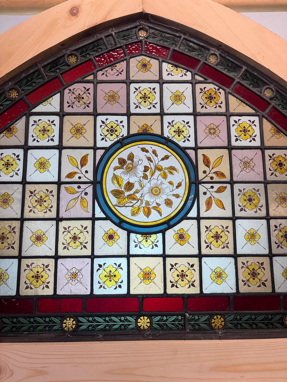 Thumbnail: Old Antique Arched Window Panel Reclaim Period Lead Hand Painted Glass Wood Rare
