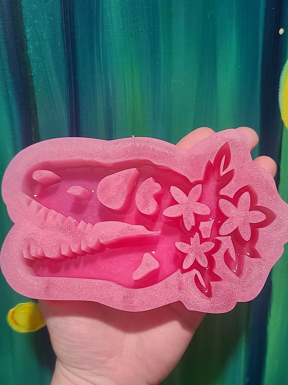 Thumbnail: XL  Large Floral Skull Shiny Deep Standing Trex Dinosaur Skull Silicone Mold