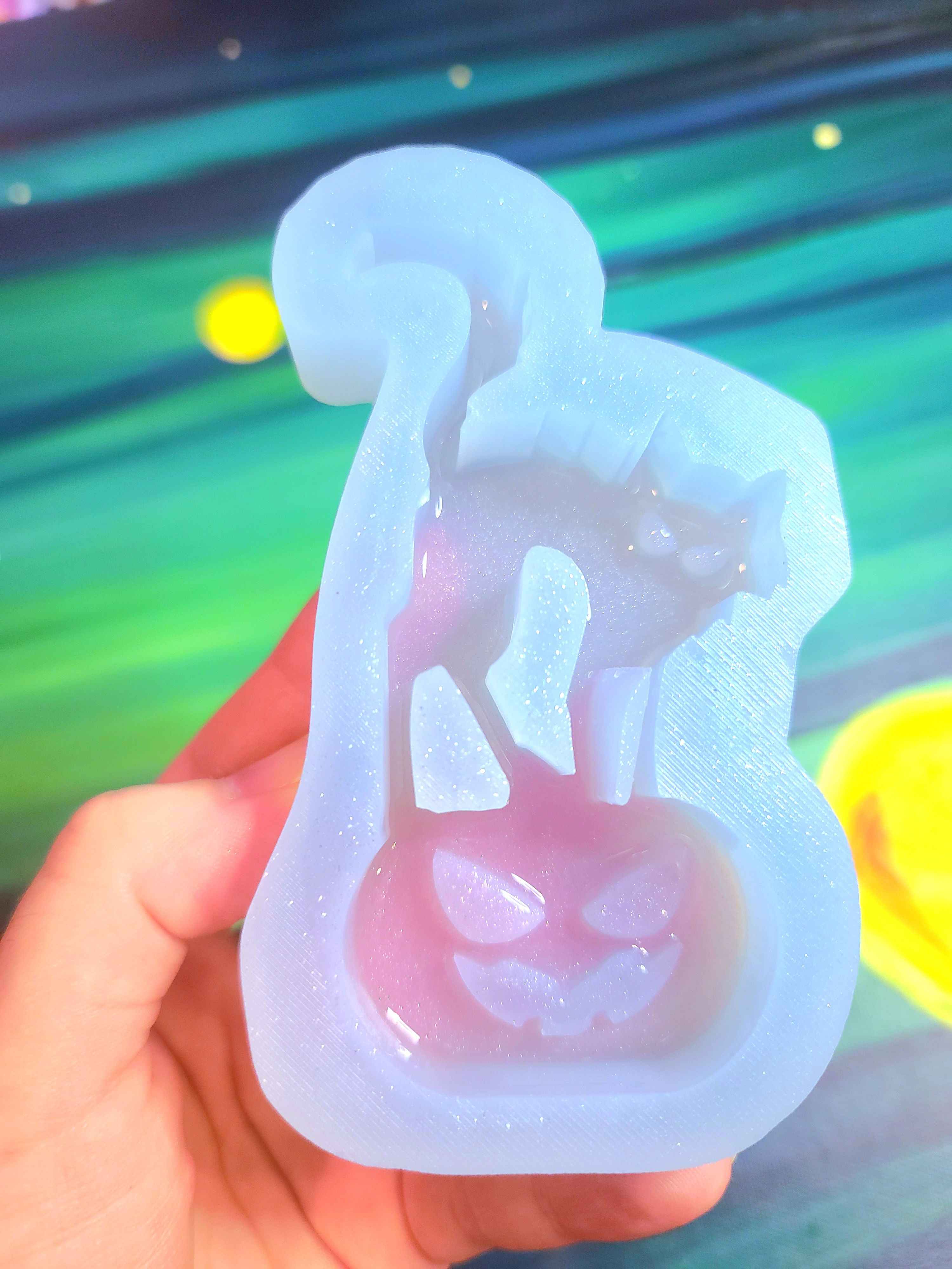 Scary Cat Spooky Pumpkin Jack O Lantern Standing Cat on Pumpkin Silicone Mold