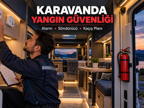 Karavan içinde duman ve CO alarmı, yangın söndürücü ve açık kaçış yolunu gösteren profesyonel kapak